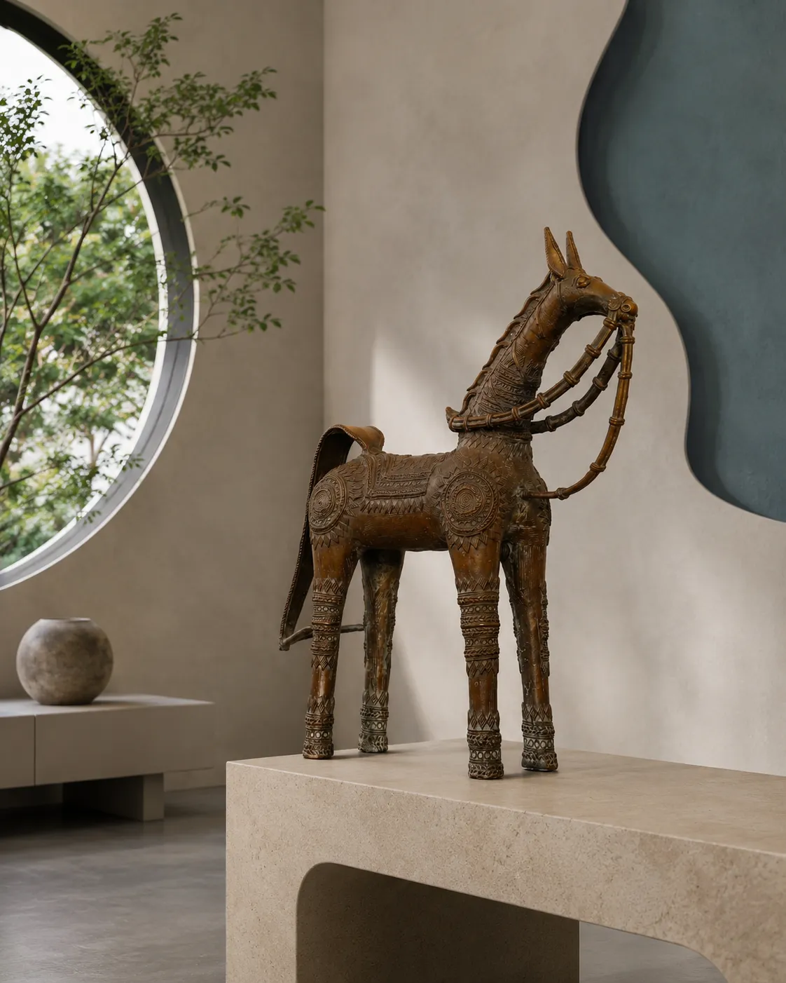 Decorative Royal Horse Figurine with Intricate Carved Detailing
