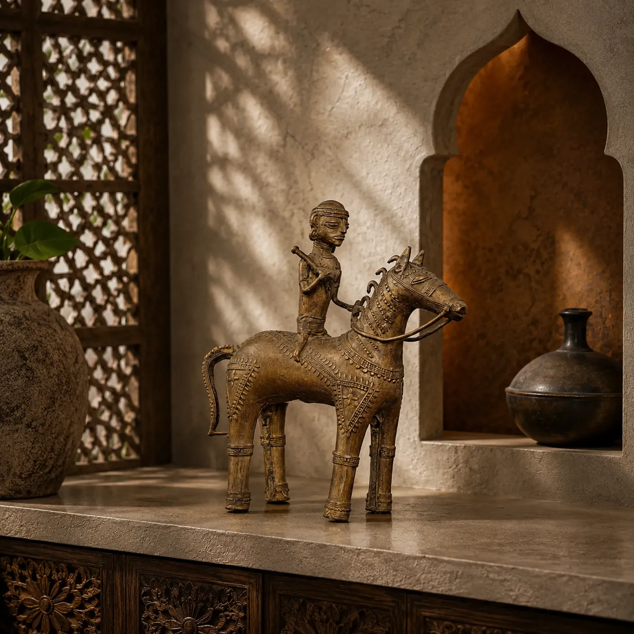 Handcrafted Cast Brass Dhokra Horse Rider Figurine with Traditional Detailing