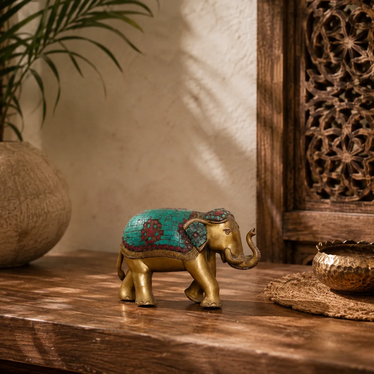 Royal Brass Elephant Figurine with Stone Inlay