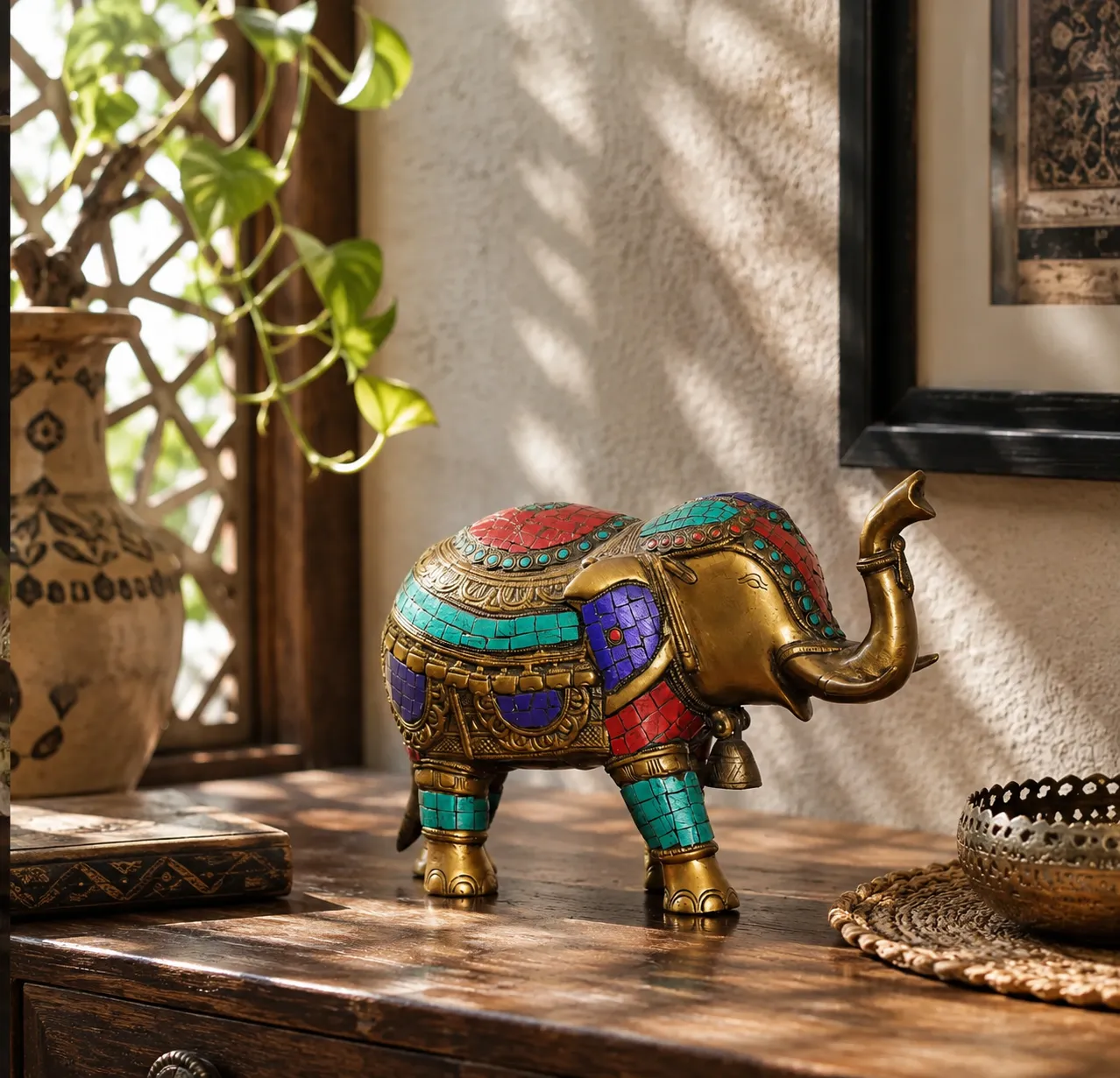 Brass Welcome Elephant Figurine with Stone Inlay