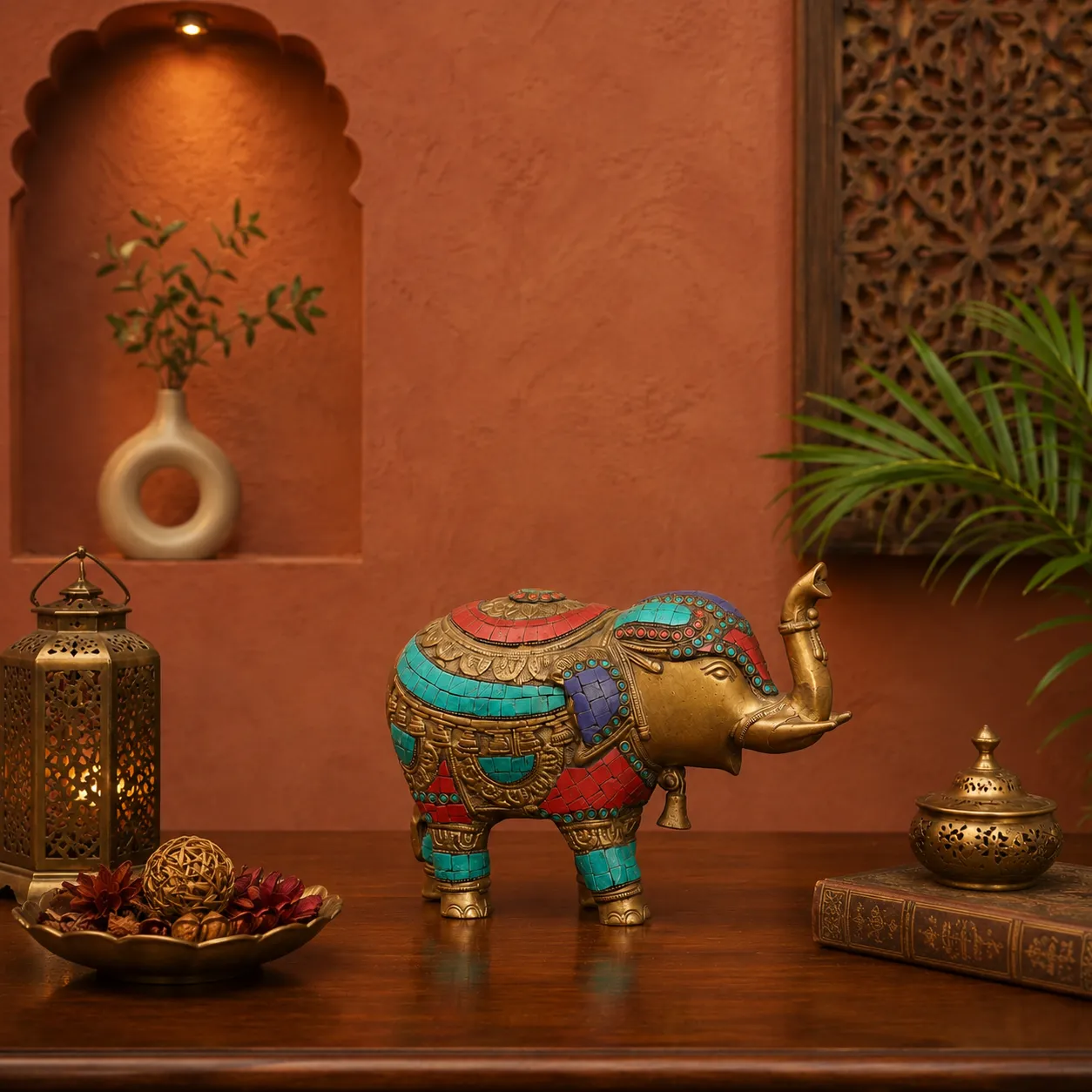 Brass Welcome Elephant with Stone Inlay