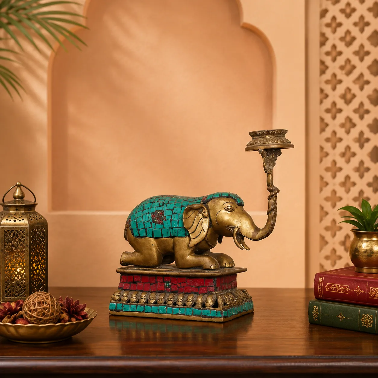 Decorative Brass Elephant Oil Lamp with Stone Inlay