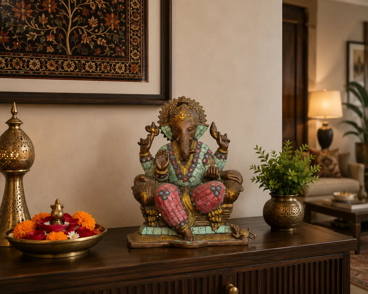 Decorative Brass Ganesha Idol with Stone Inlay