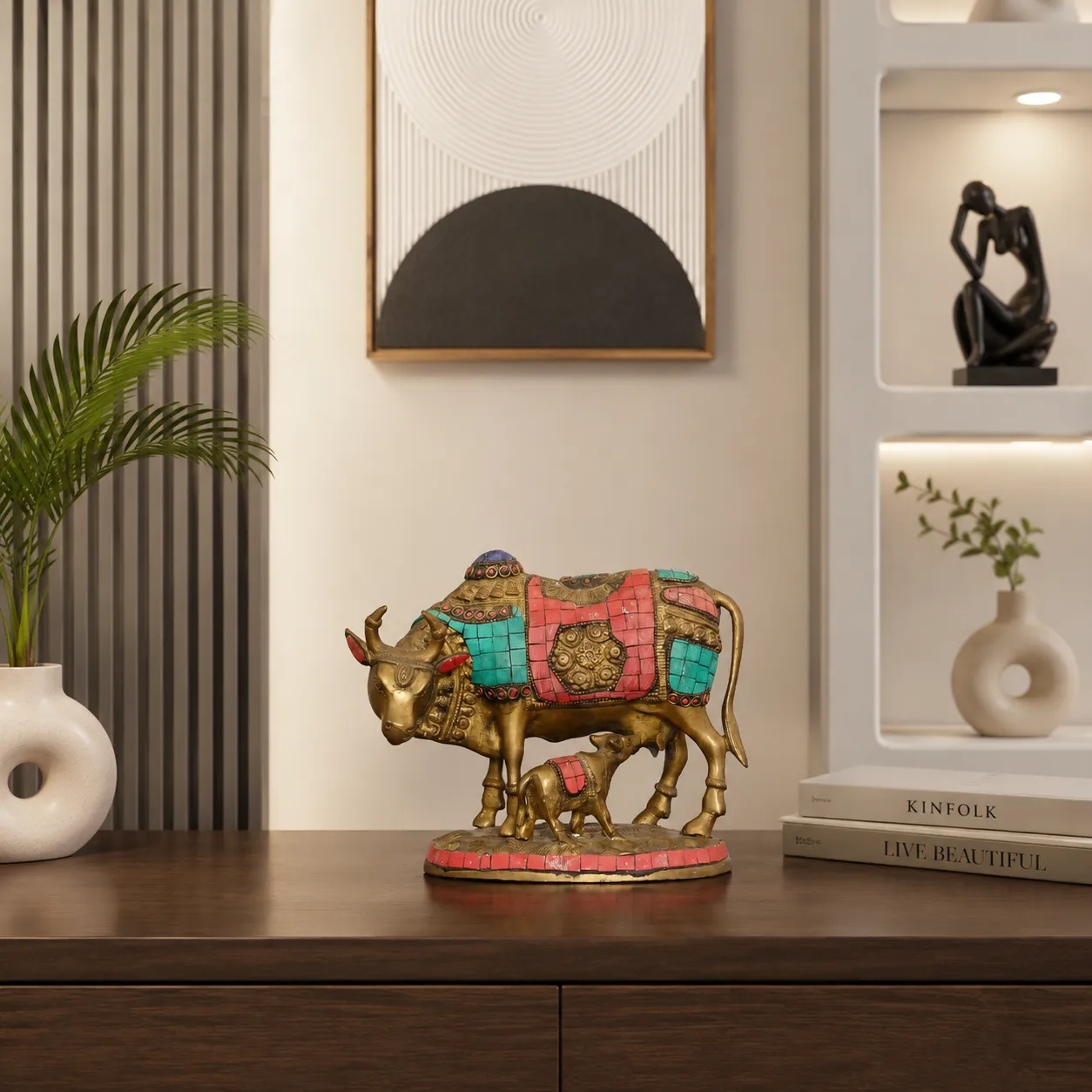 Decorative Brass Kamadhenu Idol with Colourful Stone Inlay
