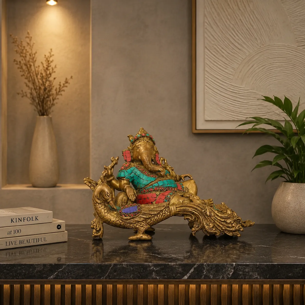 Brass Reclining Ganesha Idol with Colourful Stone Inlay