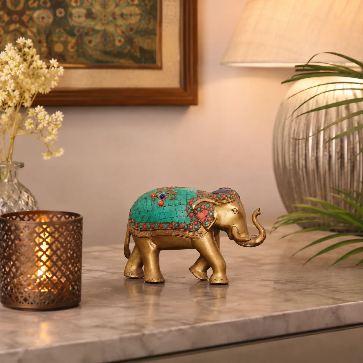 Brass Elephant Figurine with Colourful Stone Inlay