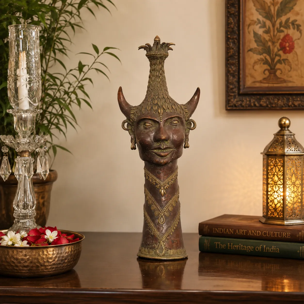 Cast Brass Dhokra Tribal Deity Head Sculpture