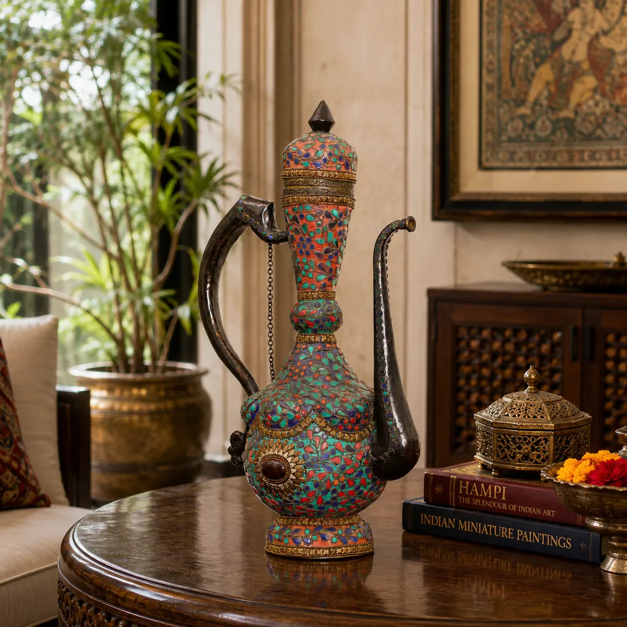 Decorative Brass Ewer with Colourful Stone Inlay
