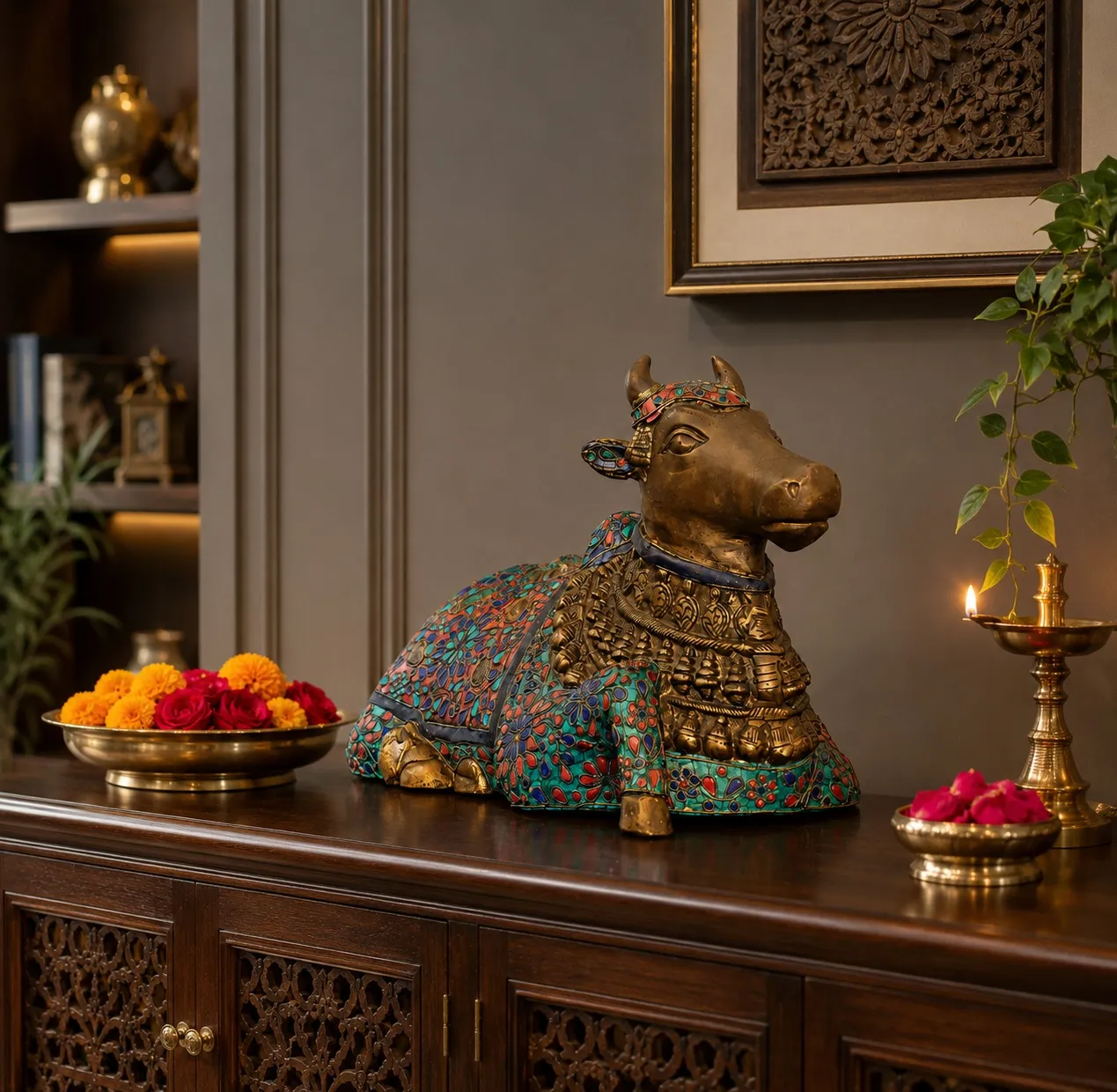 Decorative Brass Nandi Idol with Colourful Stone Inlay