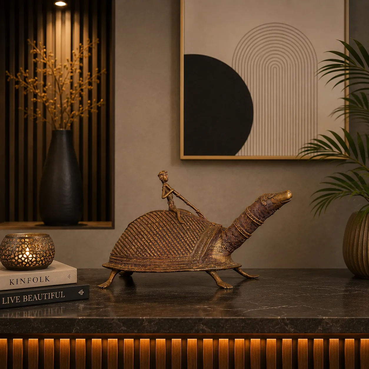 Decorative Dhokra Bronze Turtle Rider Sculpture