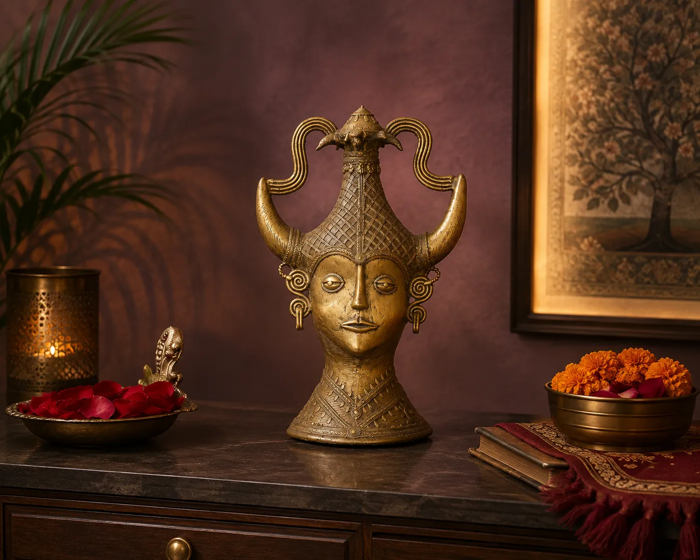 Handcrafted Dhokra Cast Brass Tribal Horned Face