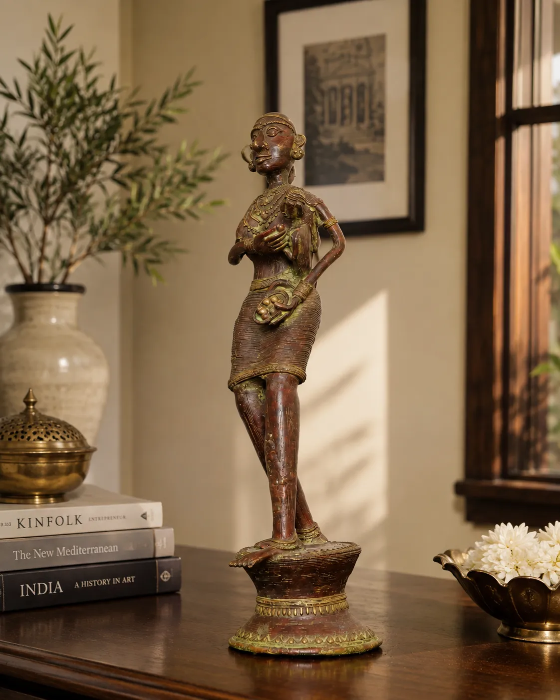 Handcrafted Bronze Metal Tribal Woman Standing Figurine