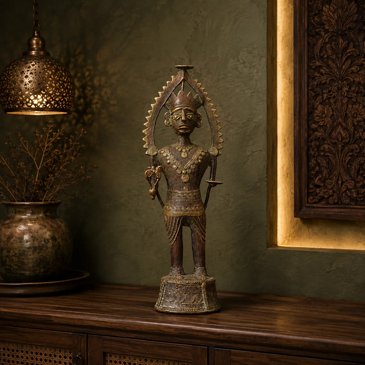 Handcrafted Bronze Metal Tribal Deity Candle Holder with Decorative Frame