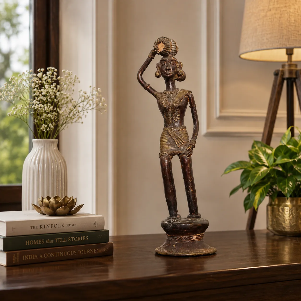 Dhokra Bronze Tribal Woman Carrying Basket Figurine: A Celebration of Everyday Strength