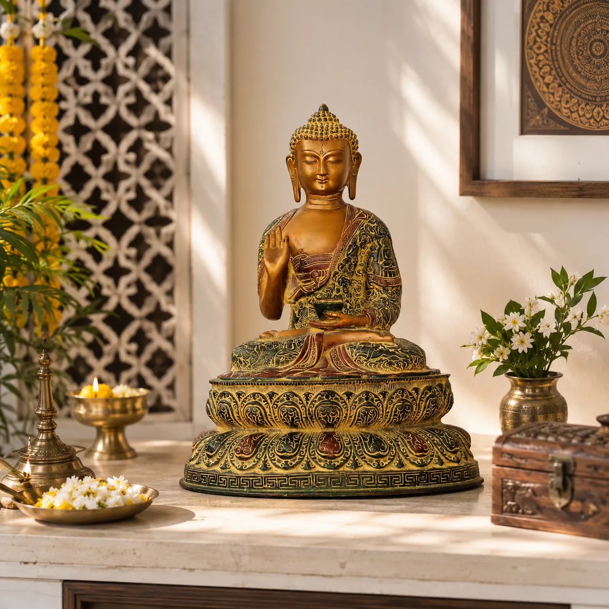 Gold-Plated Seated Buddha Idol: A Symbol of Protection, Peace, and Fearlessness