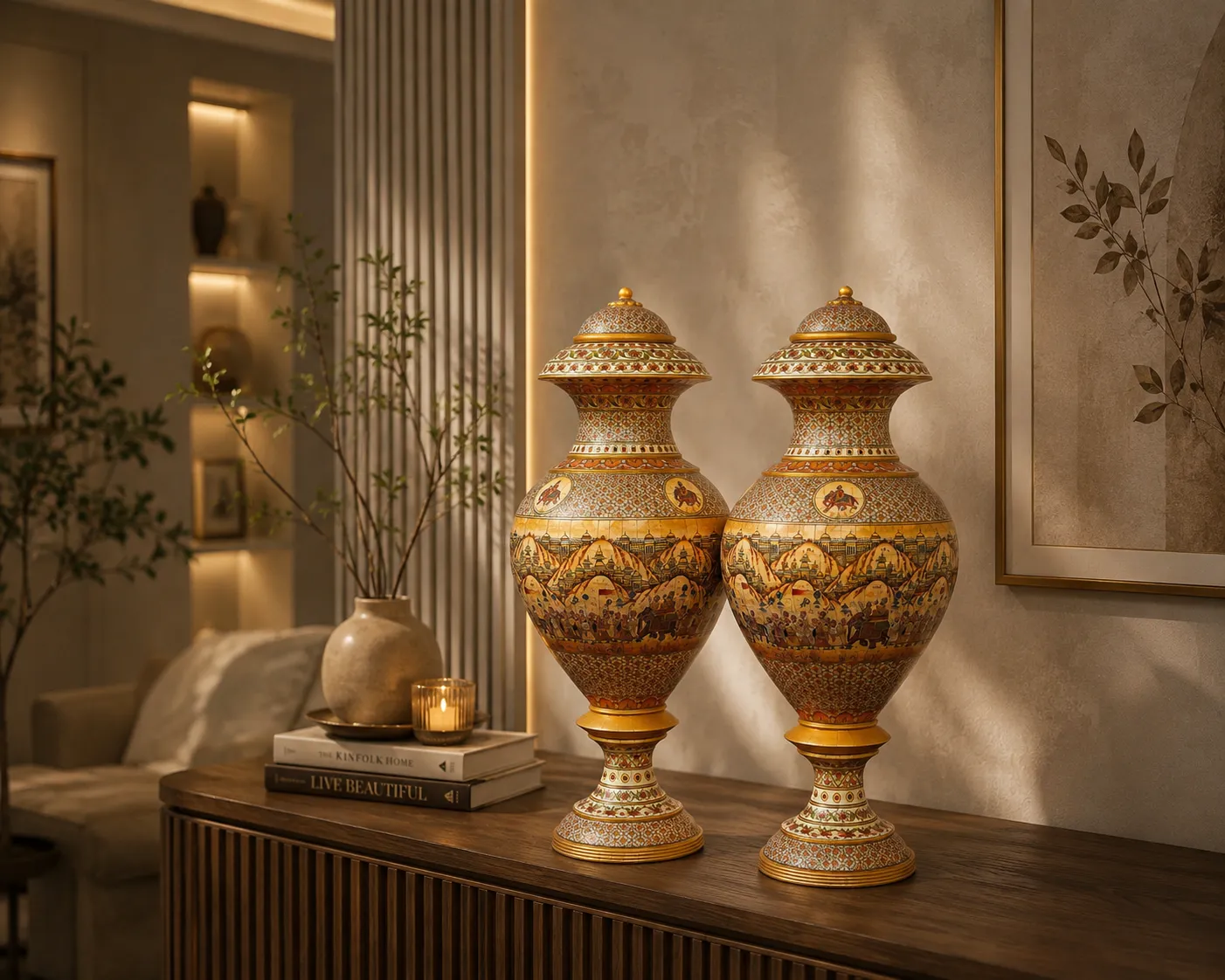 Hand-Painted Marble Procession Urn Pair