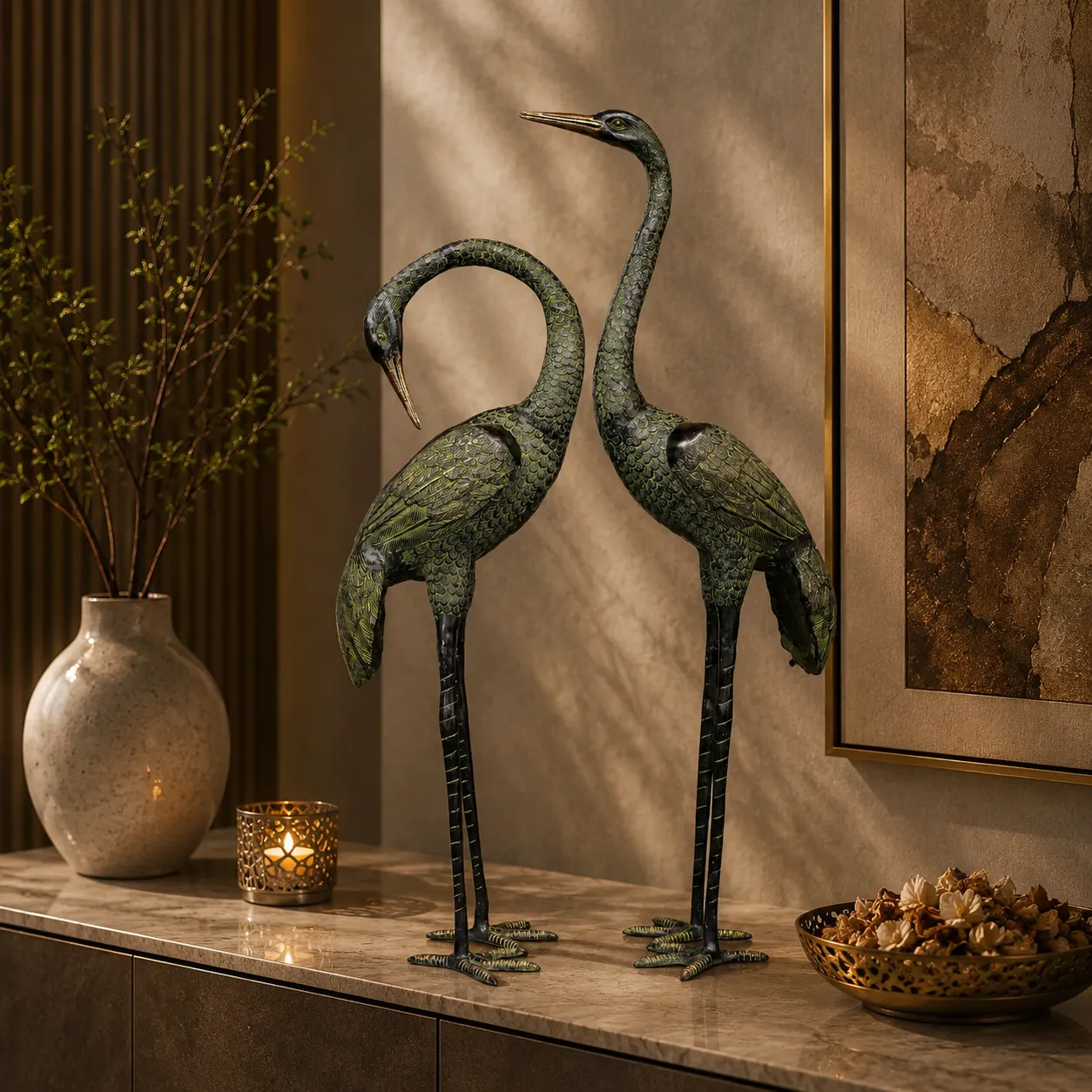 Brass Finish Crane Bird Sculptures, Pair
