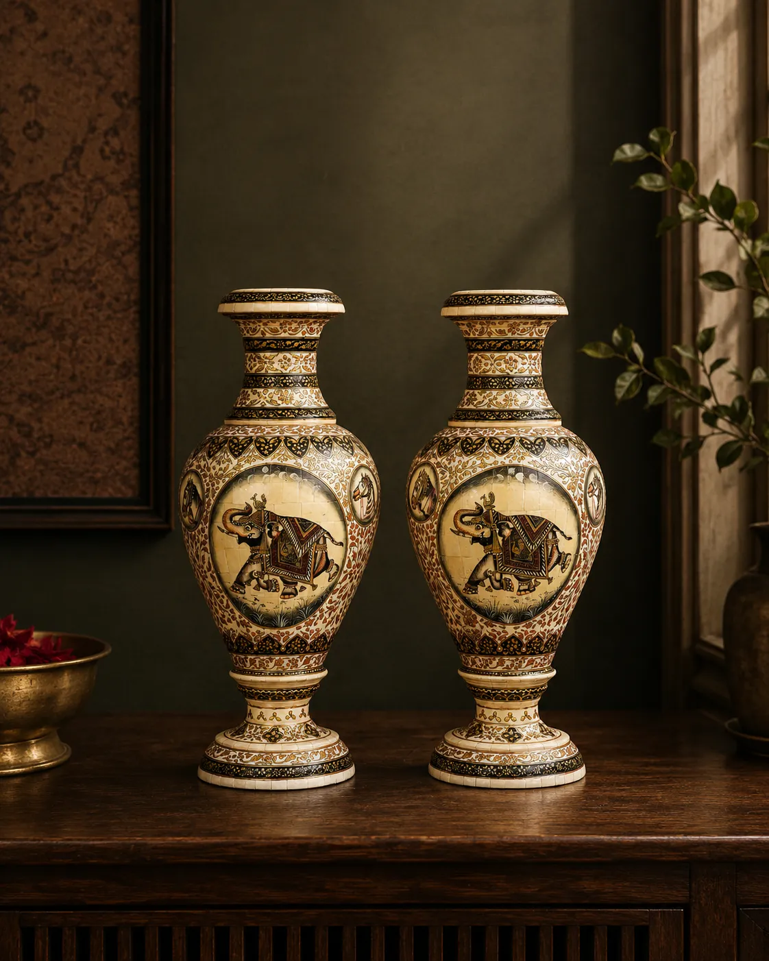 Hand-Painted Marble Elephant Vase Pair