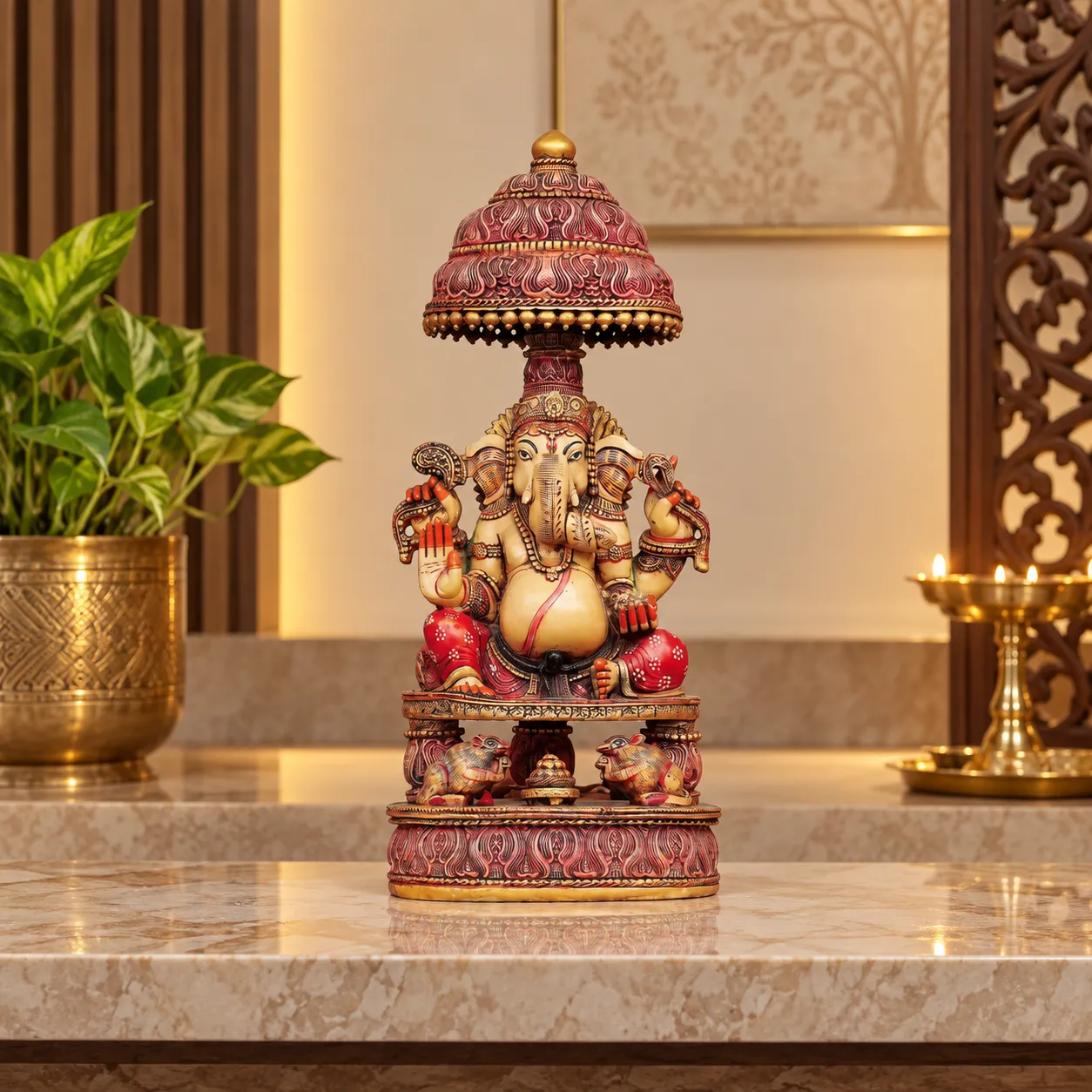 Painted Wood Ganesha Idol with Decorative Canopy