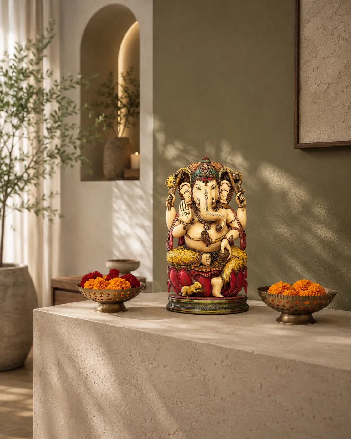 Painted Wood Ganesha Idol with Lotus Base