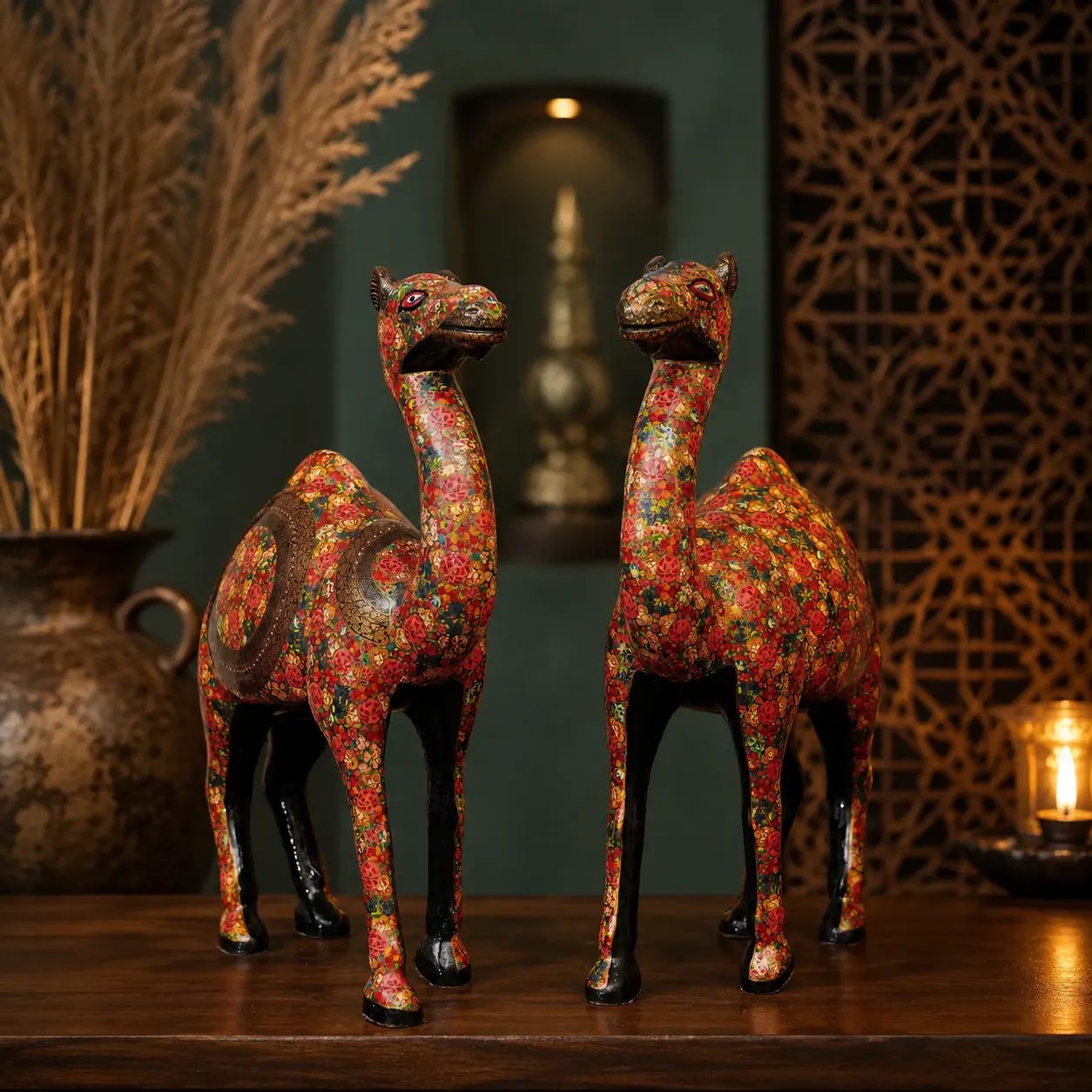 Painted Wood Camel Pair with Floral Detailing