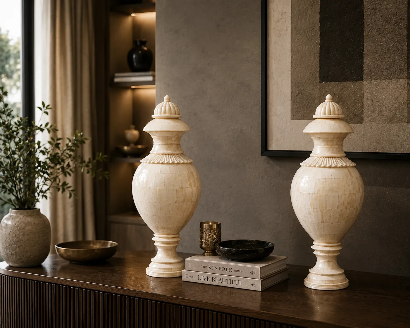 Handcrafted Camel Bone Decorative Urn Pair