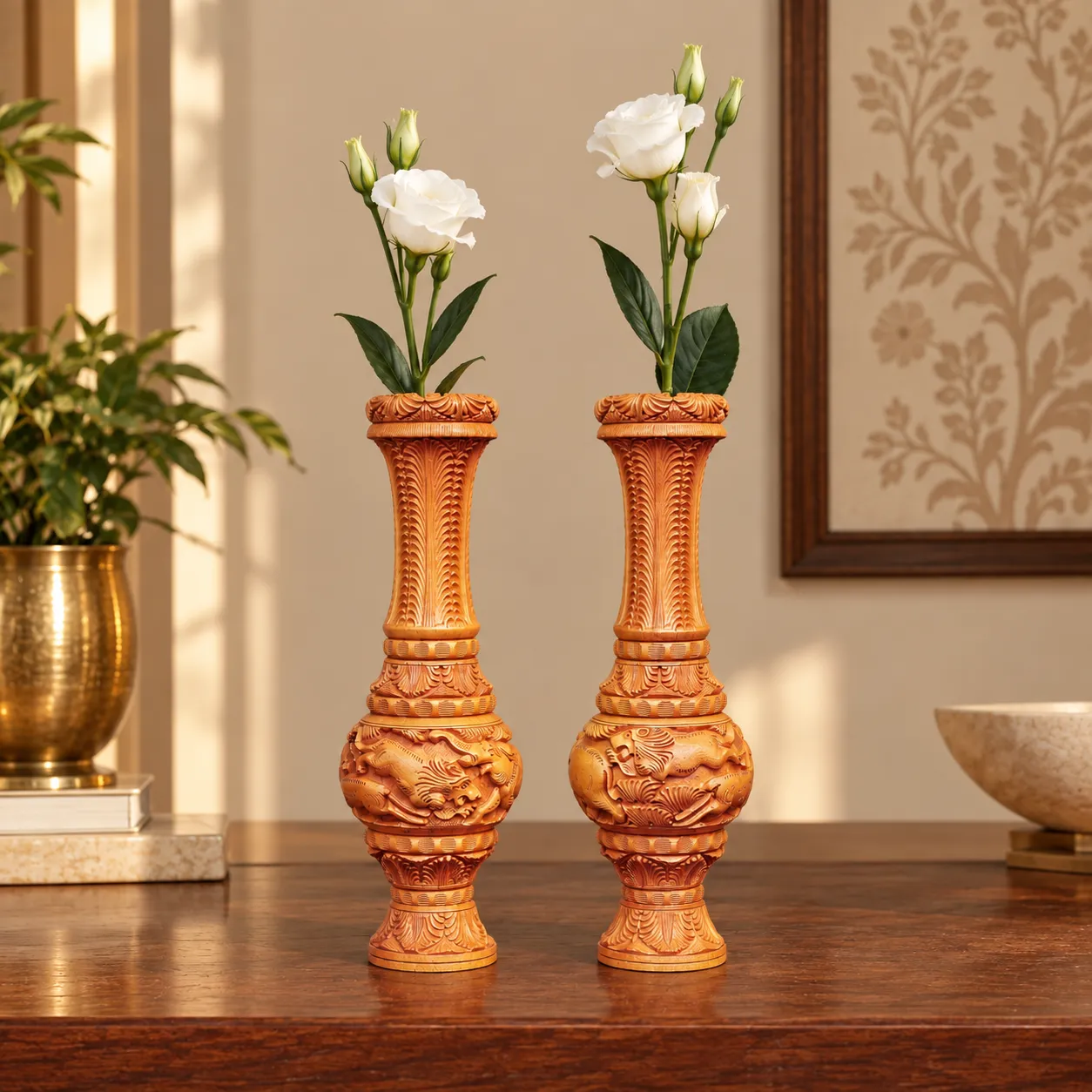 Hand-Carved Kadamba Wood Decorative Vase Pair