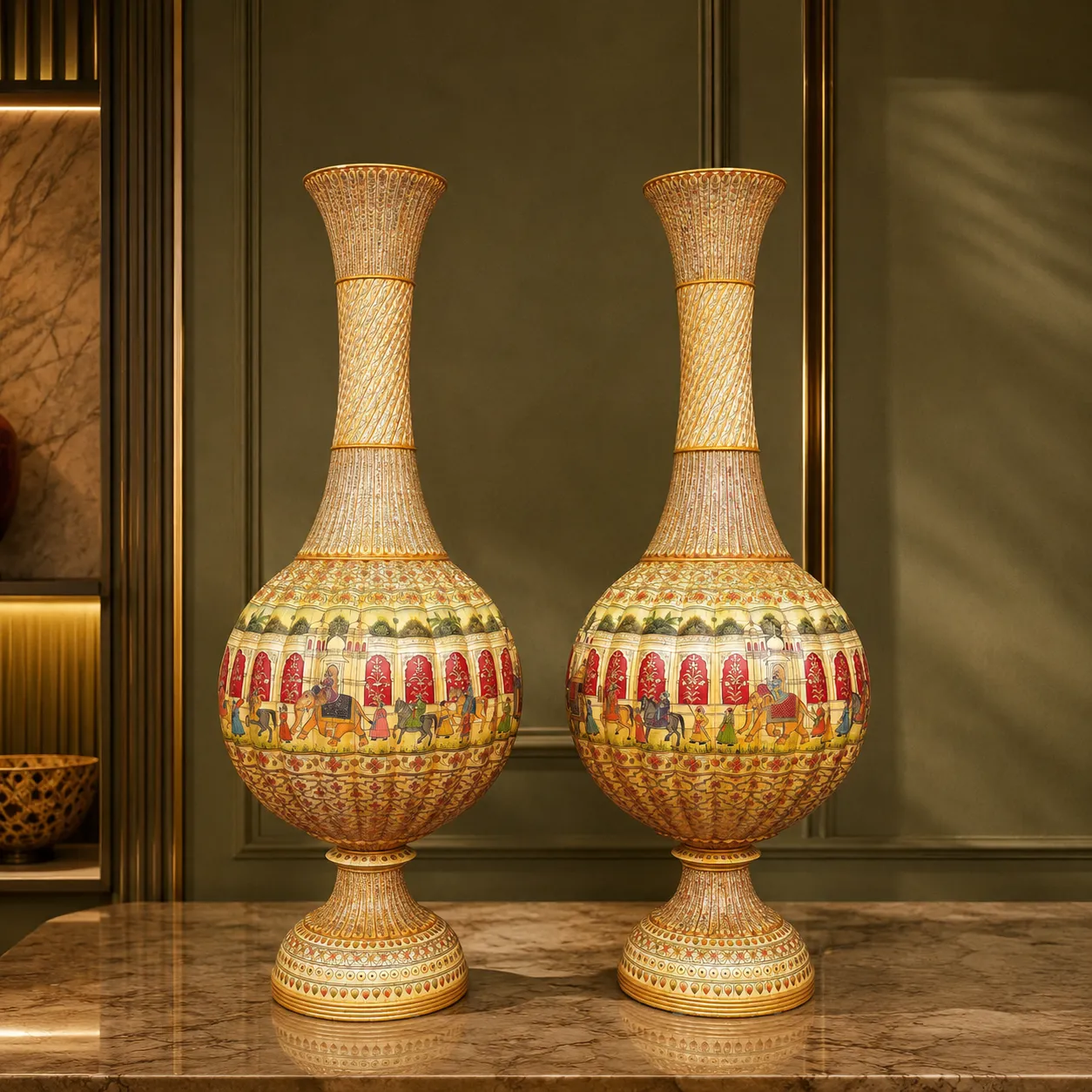 Hand-Painted Marble Royal Procession Floor Vase Pair