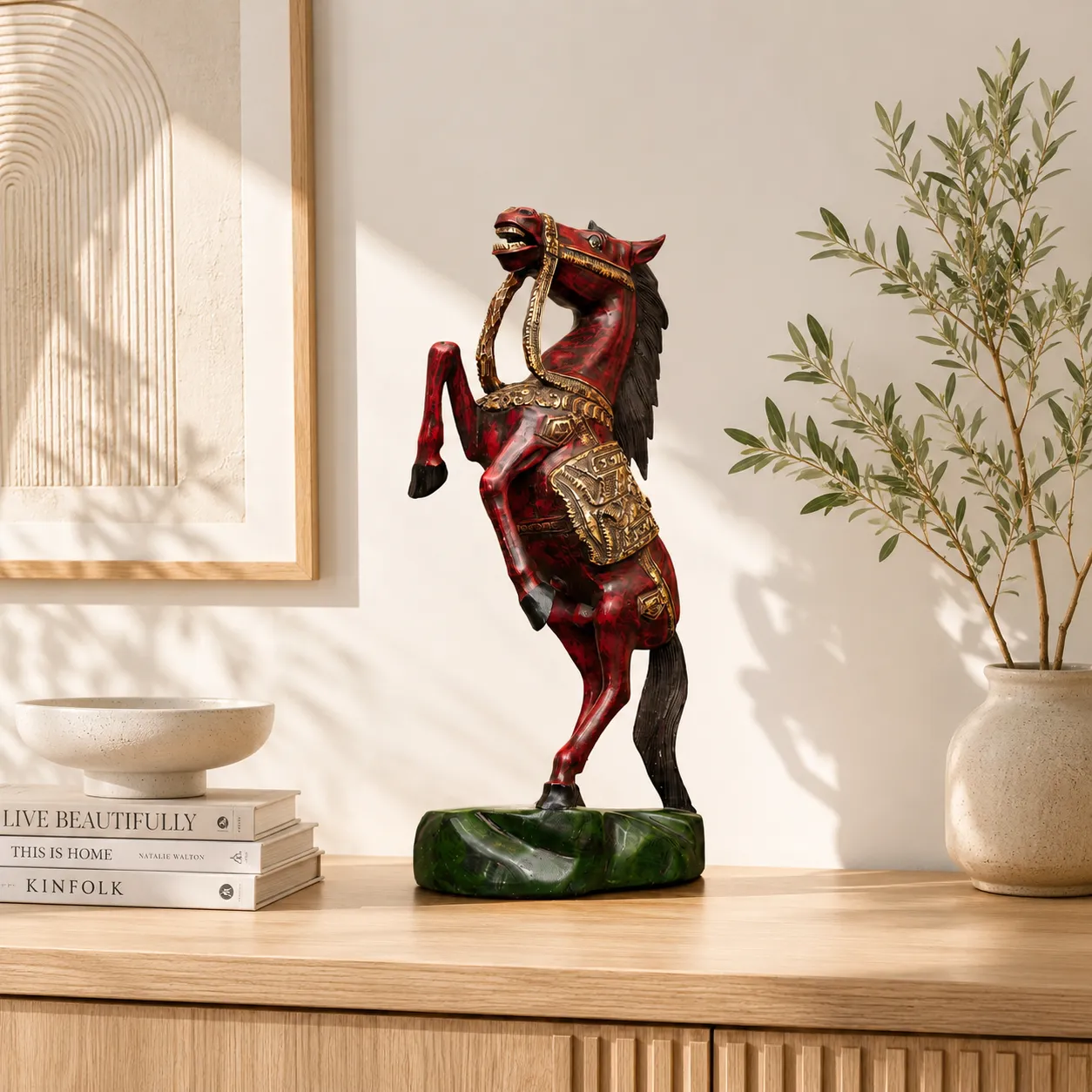 Hand-Painted Wood Rearing Horse Sculpture