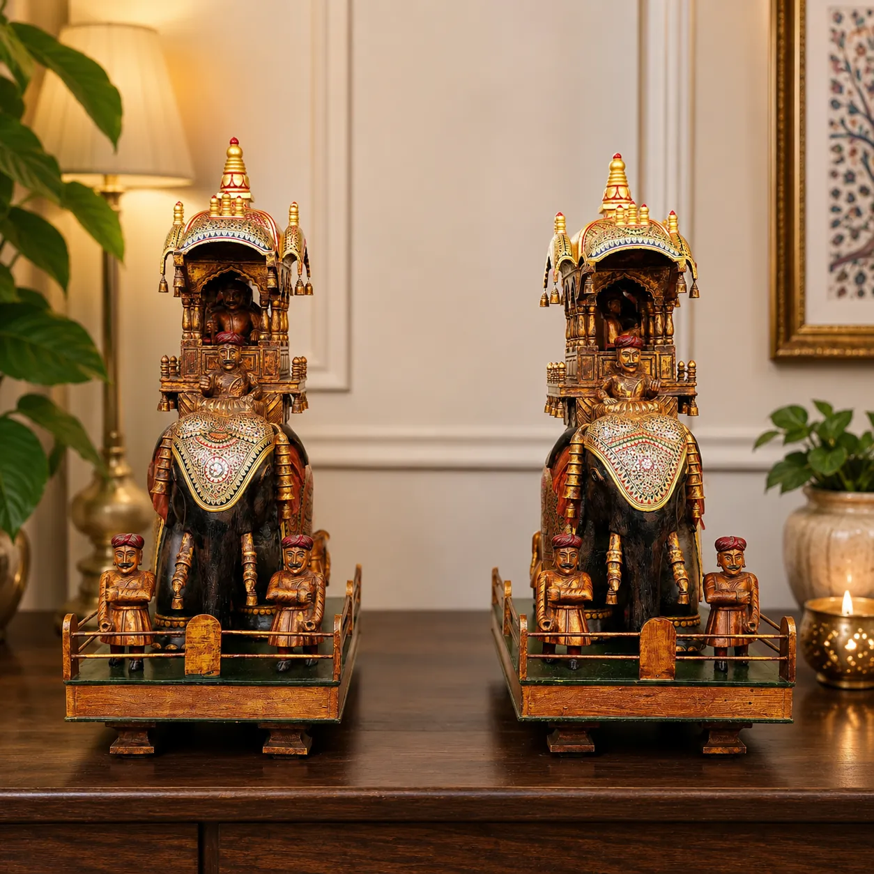 Painted Wood Royal Ambari Elephant Pair