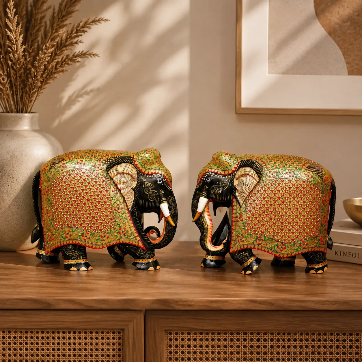 Painted Wood Decorative Elephant Pair