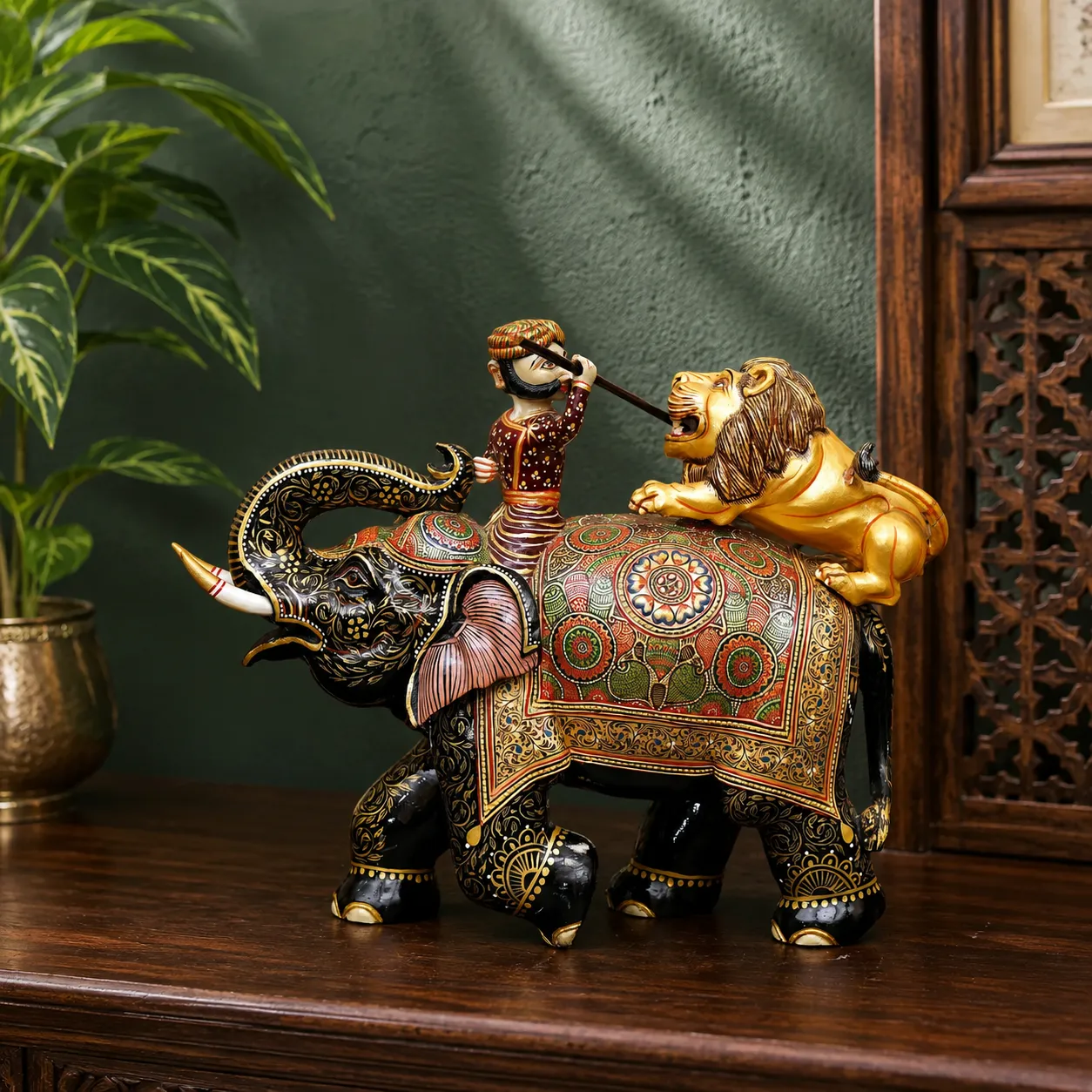 Hand-painted wood Elephant and Lion figurine