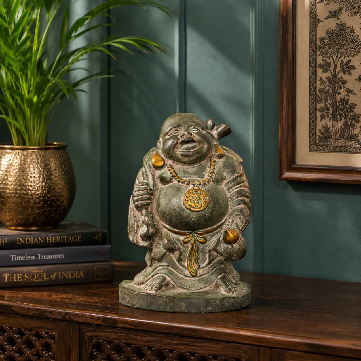Patina finish metal laughing Buddha figurine