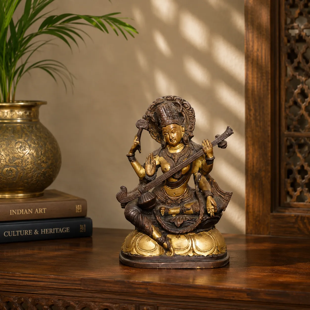 Antique Finish Brass Goddess Saraswati Idol