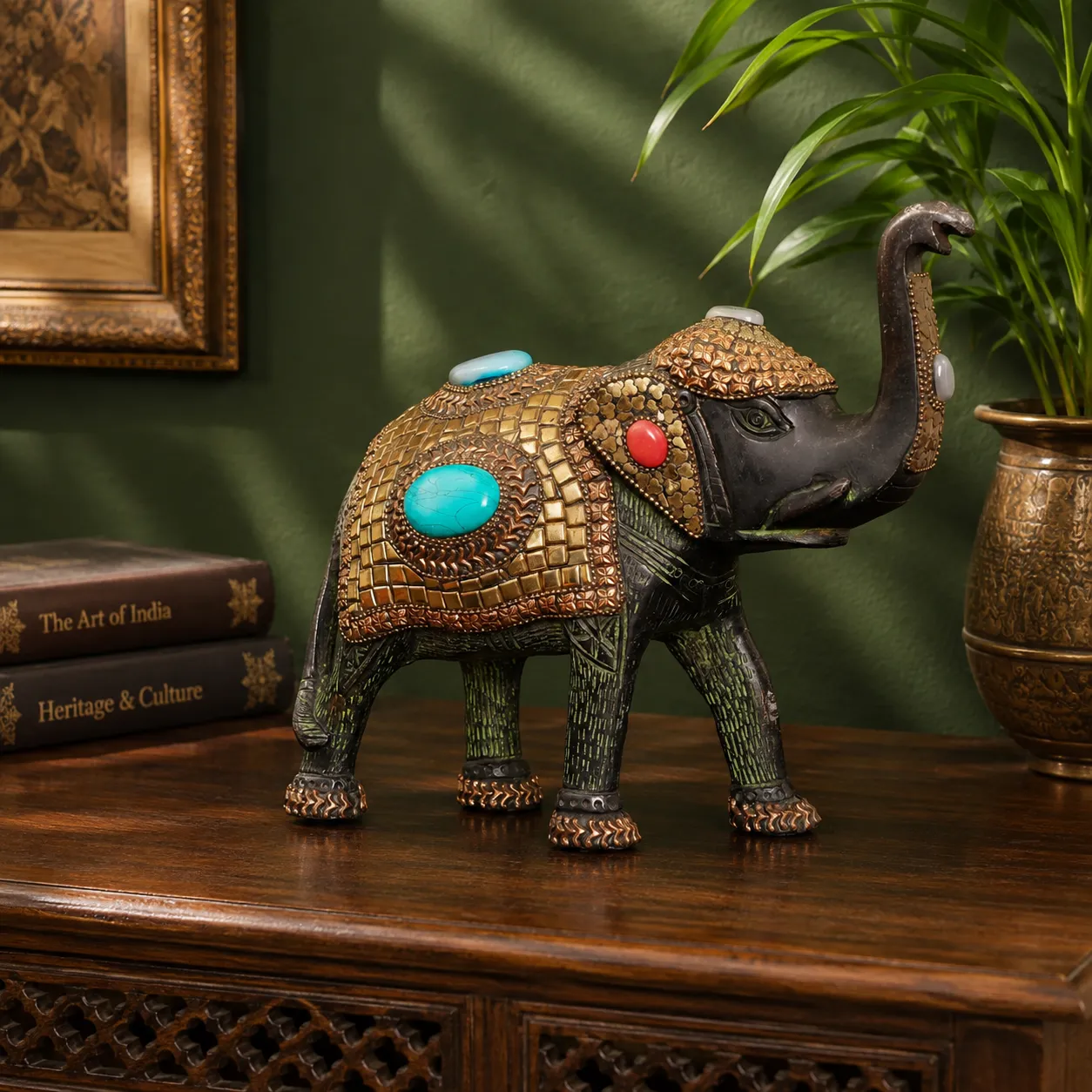 Gemstone Inlay Decorative Elephant Figurine