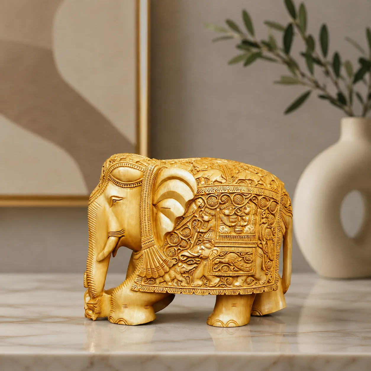 Hand-Carved Wooden Ornamental Elephant Sculpture