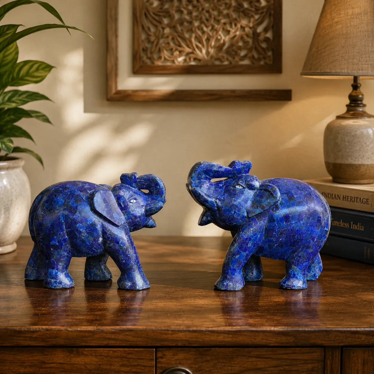 Gemstone Inlay Pair of Elephant Figurines