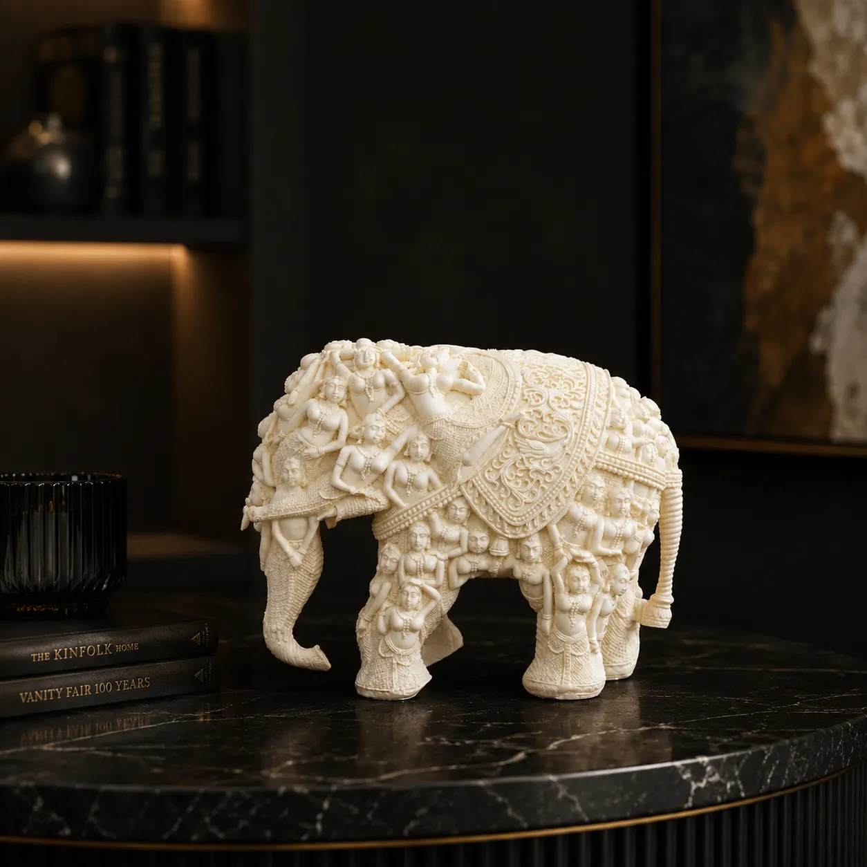 Faux Ivory Carved Elephant Sculpture