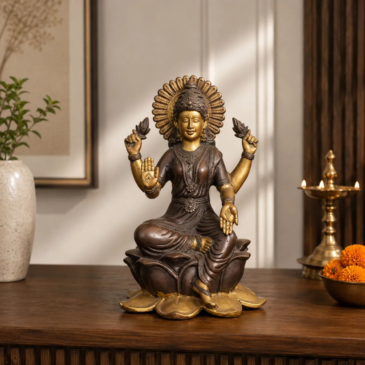 Solid Cast Brass Lakshmi Idol